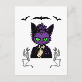 Postal Gato púrpura de Halloween con murciélagos y esquel