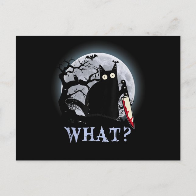 Postal Gato Qué Gato Negro Asesino Con Halloween Knife (Anverso)