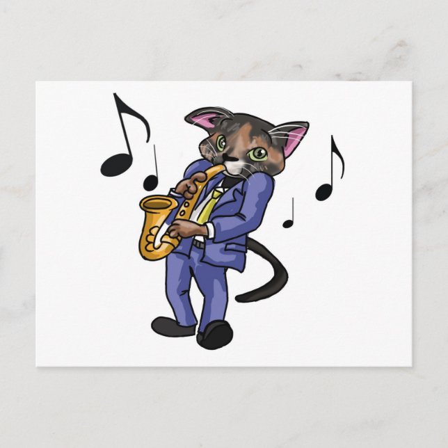 Postal Gato que juega el saxofón (Anverso)