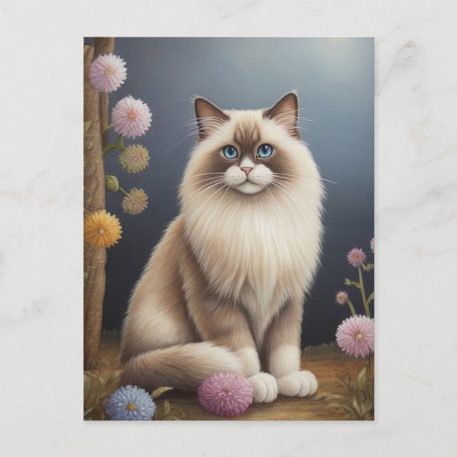 Postal Gato Ragdoll en Ilustracion Mascota fluffy en el j (Anverso)