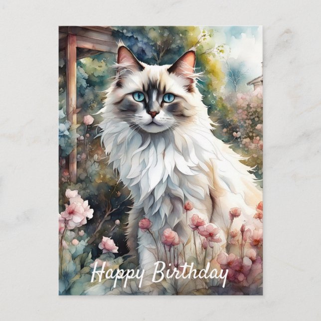 Postal Gato Ragdoll en jardín inglés de cumpleaños (Anverso)