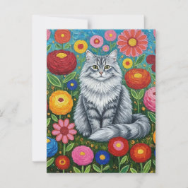 Postal Gato rayado de color gris con flores de arte folcl