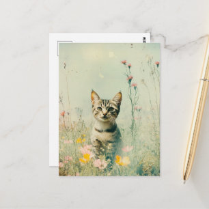 Postal Gato Retro Adorable en un Campo de Flores Silvestr