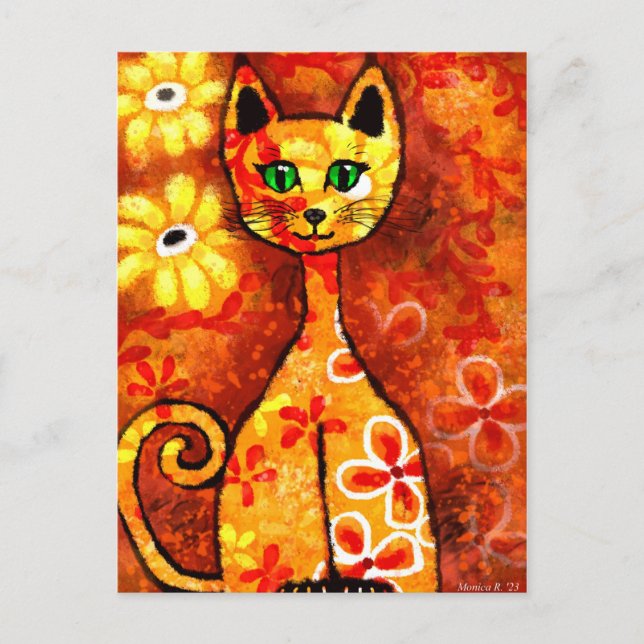 Postal Gato retro caprichoso Kitty Floral Amarillo Naranj (Anverso)