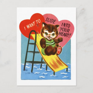 Postal Gato retro deslizándose en tu corazón San Valentín