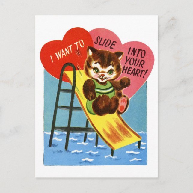Postal Gato retro deslizándose en tu corazón San Valentín (Anverso)