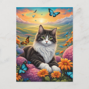 Postal Gato rodeado de flores y mariposas