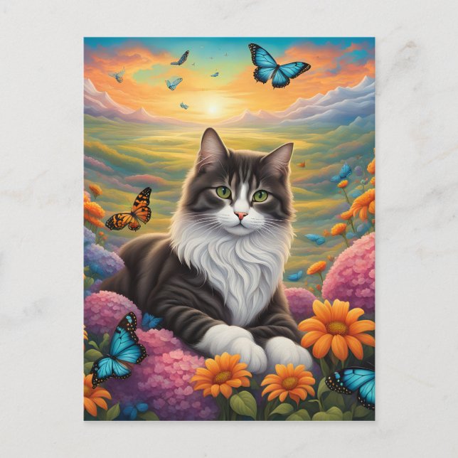 Postal Gato rodeado de flores y mariposas (Anverso)