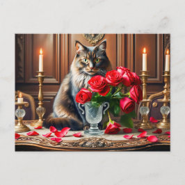 Postal Gato romántico con Bouquets de rosas