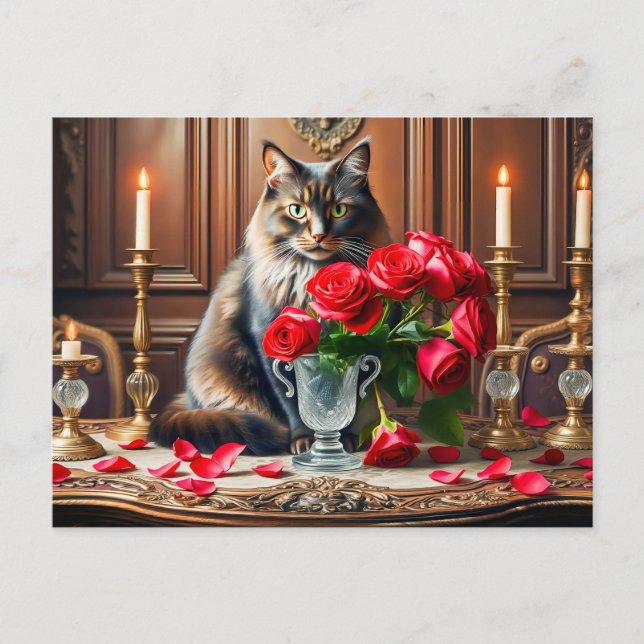 Postal Gato romántico con Bouquets de rosas (Anverso)