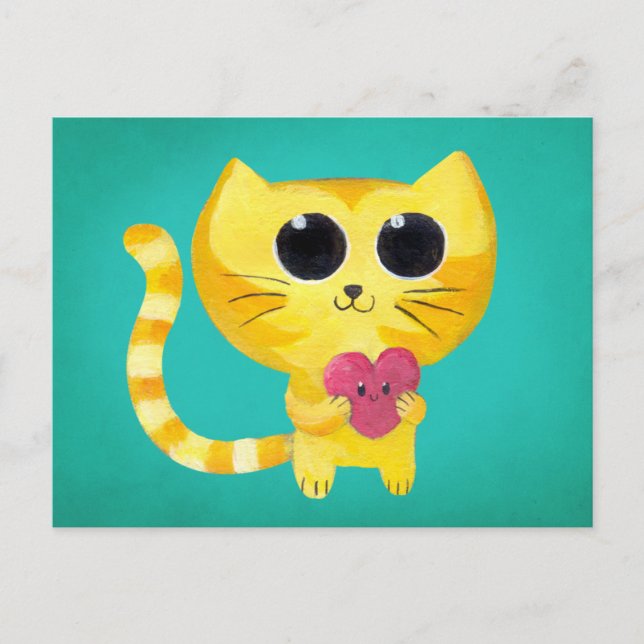 Postal Gato romántico lindo con corazón sonriente (Anverso)