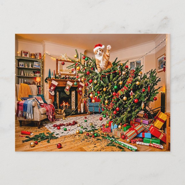 Postal Gato saludando desde el árbol de Navidad (Anverso)