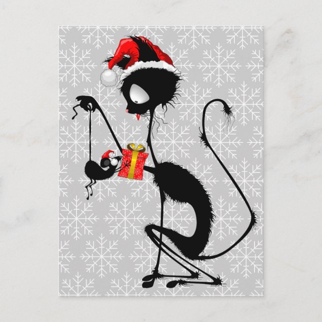 Postal Gato Santa y ratón con regalo de Navidades (Anverso)
