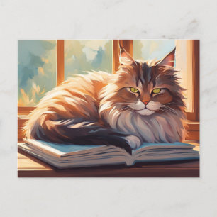 Postal Gato sentado en un libro cerca de la ventana