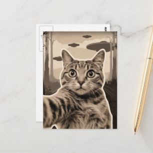 Postal Gato sepia y ovnis