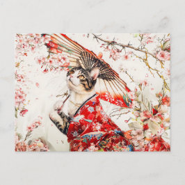 Postal Gato Serene Geisha en Kimono Rojo y Flor de cerezo