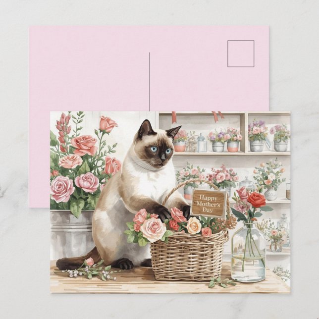Postal Gato siamés arreglando flores para el Día de la Ma (Anverso / Reverso)