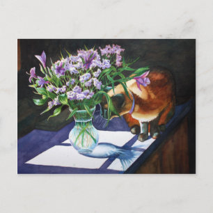 Postal Gato siamés atacando un jarrón de flores