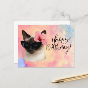 Postal Gato siamés con gafas de sol Feliz Cumpleaños 