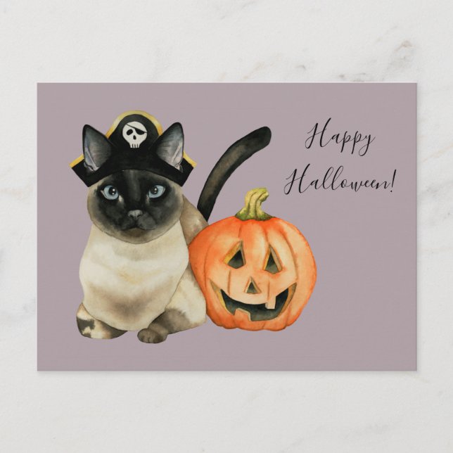 Postal Gato siamés con Gorra pirata | Feliz Halloween (Anverso)