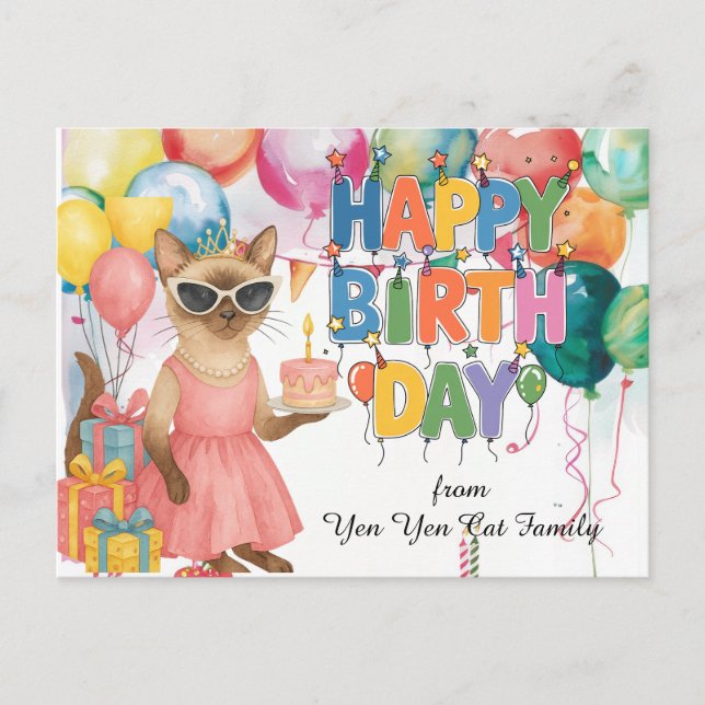 Postal Gato siamés con la leyenda Feliz Cumpleaños (Anverso)