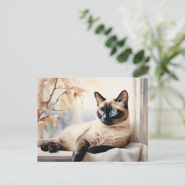 Postal Gato siamés elegante acuarela (Anverso de pie)