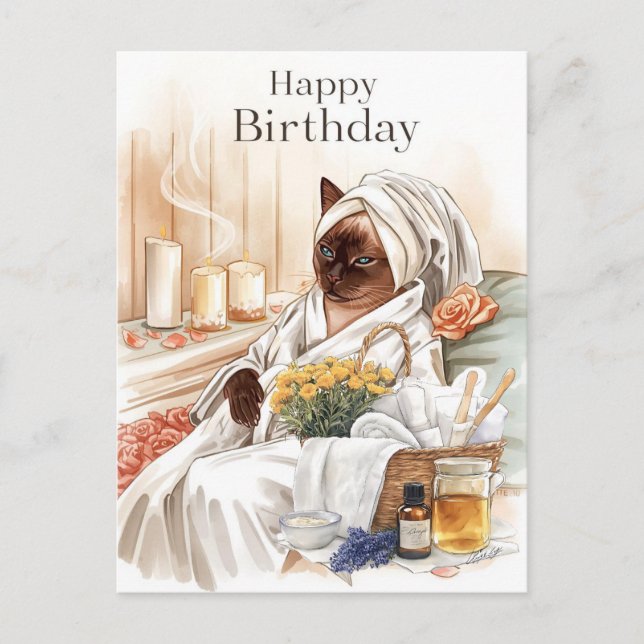 Postal Gato siamés en cumpleaños de spa (Anverso)