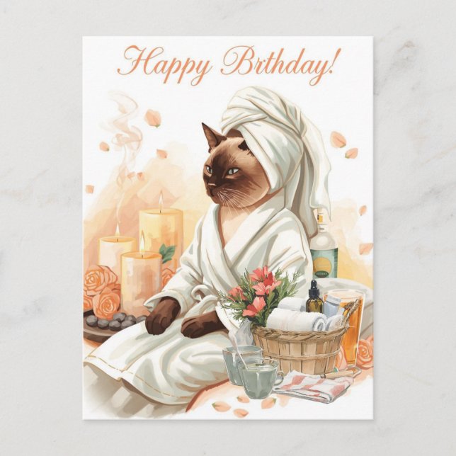 Postal Gato siamés en cumpleaños de Spa  (Anverso)