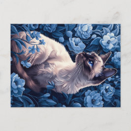 Postal Gato siamés en flores azules