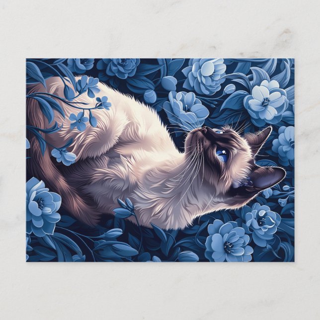 Postal Gato siamés en flores azules (Anverso)