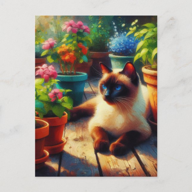 Postal Gato siamés en la pintura al óleo del jardín (Anverso)