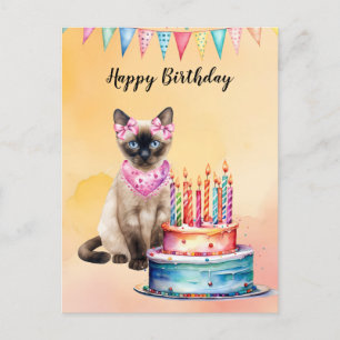Postal Gato siamés en Spa con pastel de cumpleaños