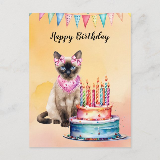 Postal Gato siamés en Spa con pastel de cumpleaños (Anverso)