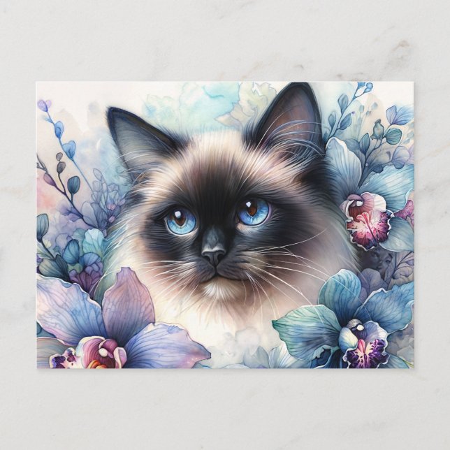 Postal Gato siamés entre orquídeas (Anverso)