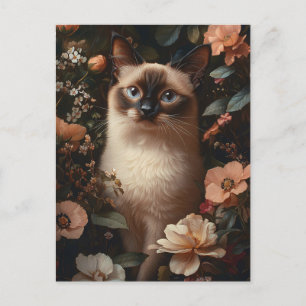 Postal Gato Siamés Rodeado De Flores Rosa De Rubor
