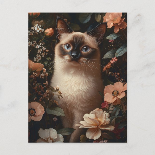 Postal Gato Siamés Rodeado De Flores Rosa De Rubor (Anverso)
