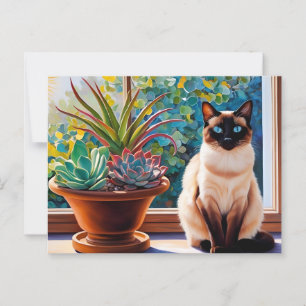 Postal Gato siamés y plantas suculentas 