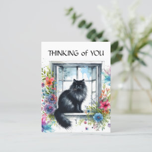 Postal Gato Siberiano Negro en Flora acuarela de ventana