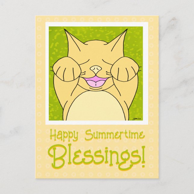 Postal Gato Sonriente Feliz En El Verano Pensando En Ti (Anverso)