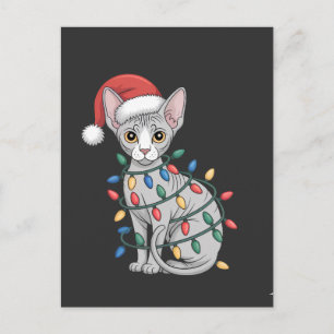 Postal Gato Sphynx con sombrero de Santa y envuelto en Na