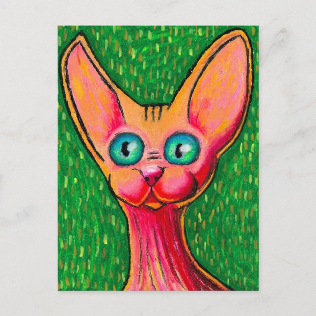 Postal Gato Sphynx Feliz y Curioso en Pastel al Óleo sobr (Anverso)