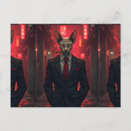 Postal Gato Sphynx Neon Noir al Estilo Mafioso