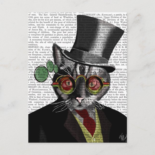 Postal Gato Steampunk - Sombrero superior y gafas amarill (Anverso)