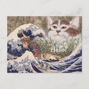 Postal Gato supernatural en la gran ola