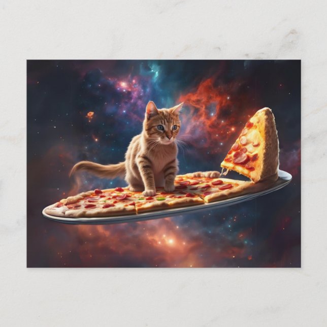 Postal Gato surcando una pizza en el cosmos (Anverso)