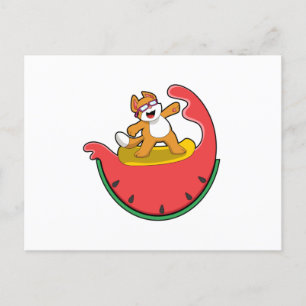 Postal Gato surfista con sandía