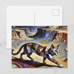 Postal Gato surrealista derritiendo relojes inspirado en