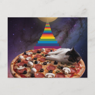 Postal Gato surrealista durmiendo en una pizza