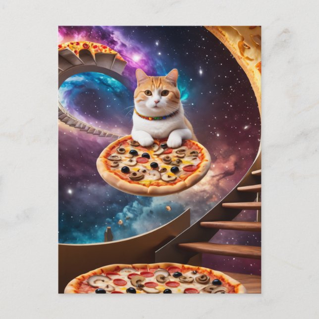 Postal Gato surrealista en una pizza voladora (Anverso)