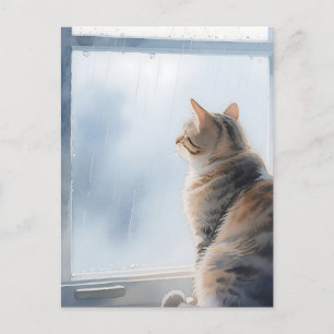 Postal Gato Tabby de Acuarela Ventana Lluviosa